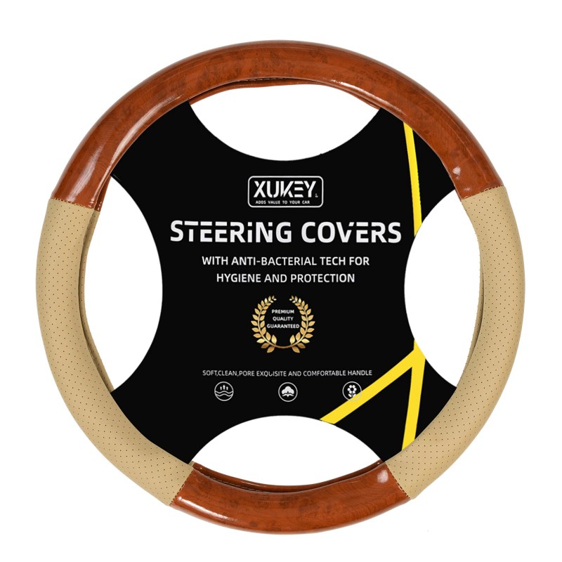 XUKEY Beige Leather Car Auto Steering Wheel Cover Wood Grain