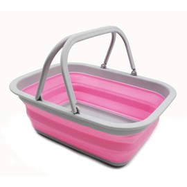 SAMMART 9.2L (2.37Gallon) Collapsible Tub with Handle - Portable Outdoor Picnic Basket/Crater - Foldable Shopping Bag - Space Saving Storage Container (1, Grey/Pink)