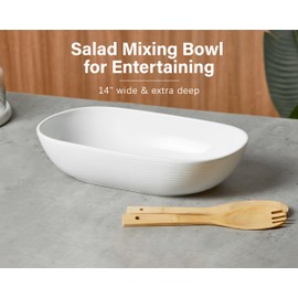 ONEMORE 14“ Ceramic Salad Mixing Bowl with 2 Bamboo Spoons - Extra Large Oval Serving Dish for Salad, Fruit, and More - Ribbed, Heavy Duty, Modern Kitchenware - White