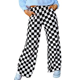 IYOWEL Womens Checkered Pants Y2K Pajama Pants Elastic Waist Wide Leg Lounge Pants Comfy Pj Bottoms with Pockets Loungewear Black White L