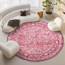 OPPODREAM Vintage Hot Pink Round Rug 8ft, 8 ft Retro Washable Circle Rug Non Slip, Low-Pile Faux Wool Circular Carpet, Soft Distressed Floor Mat for Living Room, Bedroom, Office, Dorm, Dinning Room