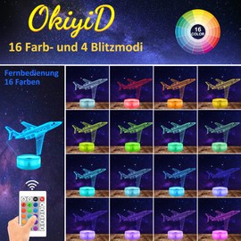 OkiyiD Aeroplane Gifts for Girls, Air Craft 3D Illusion Lamp, Aeroplane Night Light with Remote Control + Touch 16 Colour Changing + Timer Desk Lamps for Girls Room Decor (Airplane)