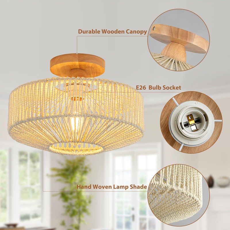 Zswanbei Rattan Light Fixtures Ceiling Flush Mount Boho Chandelier Bedroom