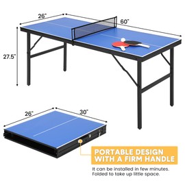 GarveeLife Portable Ping Pong Table, Indoor/Outdoor Ping Pong Table for Adults/Teens, Table Tennis Table with 2 Table Tennis Paddles and 3 Balls, 5 Minute Assembly, 60 x 26 x 27.5 Inch