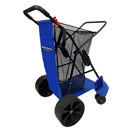 Beach Wagon Cart – Heavy Duty Folding Ocean Utility Cart – Large Sand Wheels – Holds 4 Beach Chairs – Storage Pouch – Beach Umbrella Holder – Solid Blue