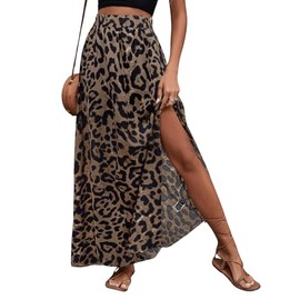 SOLY HUX Women's Maxi Skirt Leopard Casual Skirt with Slit Lightweight Summer Skirts Boho Casual Skirt High Waist Party Skirt, brown