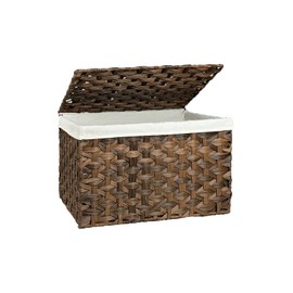 MOORLITER Storage Basket with Lid, 27.7 Gallon (105L) Wicker Storage Trunk with Handles, Handwoven Wicker Basket for Blanket, Removable Liner, Foldable, for Living Room, Laundry Room, Brown