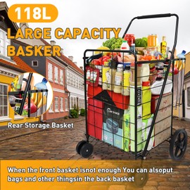 Folding Shopping Cart, Jumbo Grocery Cart with Double Baskets, 360° Swivel Wheels, Heavy Duty Utility Cart, 132 LBS Large Capacity Utility Cart for Groceries Laundry Book Luggage, Black