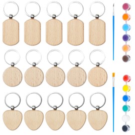 Sinofort 15 Pcs Wooden Key Ring Blanks, Wood Keyring Blanks Keychains, Keyring Making Kit, Wooden Key Tag for DIY Crafts Pyrography Engraving (Round Rectangular Heart)