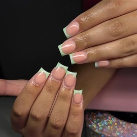 SXVME 30 Pcs Light Green French Tip Press on Nails Short Square, Acrylic Fake Nails Press ons with Glue, Small Coffin Acrylic Natural Nude Glue on Nails for Women, 15 Sizes