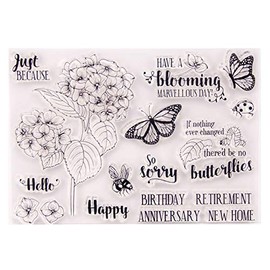 arriettycraft Hydrangea Flowers Happy Birthday Clear Stamps for Card Making and Journaling, Butterfly Greeting Words Rubber Silicone Stamps for Journals Scrapbooking Album Decoration