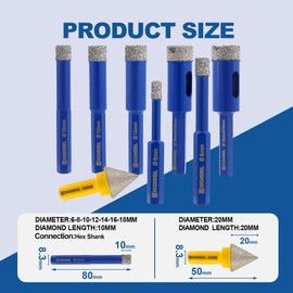 HIGHDRIL Diamond Hole Saw Kit - (6/8/10/12/14/16/18mm+20mm Hex Chamfer) Diamond Core Drill Bit Set for Porcelain Ceramic Granite Marble Hard Materials