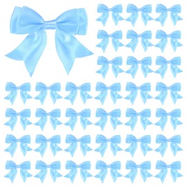 M METERXITY 50-Pack Double-Deck Pre Tied Bows 3.6x2.2 Inch Checkered Fabric Pre Satin Ribbon Bows Boutique for Craft DIY/Treat Bags/Hair Bow Sewing/Wedding/Party/Christmas [Light Blue]