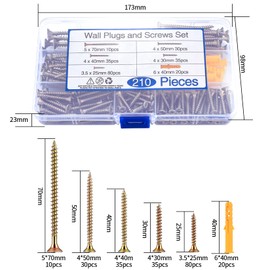 210 Pcs Wood Screws Assortment Set, Self Tapping Countersunk Head Screws, Self Drilling Cross Flat Head Brass Zinc Screws for Wood, with 20 Pcs M6 Screw Anchors