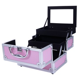 Baisha Makeup Train Case Portable Cosmetic Box Jewelry Organizer Lockable, Aluminum Makeup Train Case Jewelry Box with Mirror for Studio Artist & Stylist (Pink)