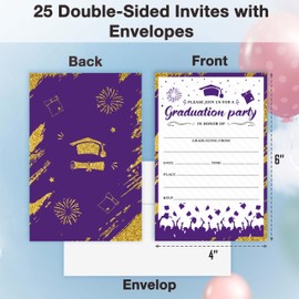 Cazhes Graduation Invitations 2025, 25 Party Invitation Cards with Envelope, 4"x6" Purple Gold Grad Announcement Invites, Graduate Celebration Favor Supplies-A04