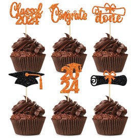 24 piezas de decoración de cupcakes con temática de graduación 2024, color naranja con purpurina, clase de graduación 2024, diploma hecho para magdalenas 2024, suministros para decoración de pasteles