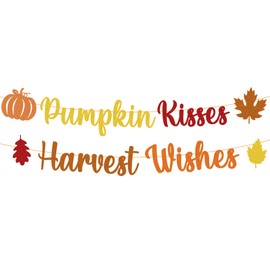 Pumpkin Kisses Harvest Wishes Glittery Banner Fall Party Decorations - Happy Fall Y'all Banner Fall Harvest Party Decoration Hello Autumn Garland Banner for Thanksgiving Party Decorations