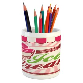 Ambesonne Ice Cream Pencil Pen Holder, Retro Style Strawberry Ice Cream Logo in Soft Tones Homemade Pop Art, Printed Ceramic Pencil Pen Holder for Desk Office Accessory, Hot Pink Maroon Cream