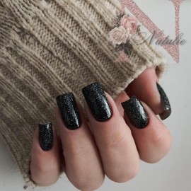 24PCs Press On Nails, Short Square Medium Shape, Solid Dark Color Fake Nails, Stick on Nails Glue on Nails Short Coffin False Nails (Black Glitter)