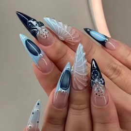 LPOODDNU Handmade Press on Nails Almond 3D Effect Fake Nails with Exquisite Flower Designs Glossy Blue False Nail Tips Cute Almond Shape Glue on Nails Medium Length Stick on Nails for Women 24Pcs