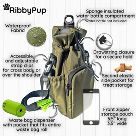 RibbyPup Waterproof Dog Walking Bag With Universal Water Bottle Holder, Built-In Poop Bag Dispenser, Unisex Cross Body Treat Pouch for Walking, Hiking, Training (Deep Teal)