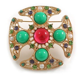 Vintage Inspired Multicoloured Glass and Crystal Bead Cross Brooch in Gold Tone - 47mm Across