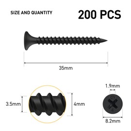 BOUMVID Drywall Screws M3.5 x 35 mm, Pack of 200 Drywall Screws Black Coarse Thread Wood Drywall Screws, Plasterboard Drywall Screws, Plasterboard Screw Drywall Screws