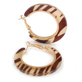 Light Caramel/Brown Animal Print Acrylic Hoop Earrings In Gold Tone - 43mm Diameter - Medium