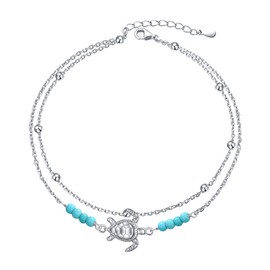 Flyow S925 Sterling Silver Layered Anklet for Women Mermaid/Turtle/Moon Star Adjustable Foot Anklet Jewellery Gifts for Women Girls, Sterling Silver