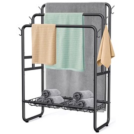 Kayfia 40" H Towel Rack Freestanding, 3-Tier Bath Towel Holder Stand with Storage Baskets & Hooks, Blanket Drying and Display Rack for Oversized Bath Towels, Metal Towel Rack Stand Indoor Outdoor