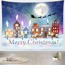 BELECO Merry Christmas Tapestry Wall Hanging Cartoon Xmas Night Village Snowfalls Santa Claus Reindeer Elf Art Wall Decor 106x70 Inch Christmas Party Decorations Bedroom Living Room Home Decor