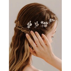 Denifery 4 Pieces Bride Hair Pins Pearl Hiar Pins Rhinestones Hair Accessories Crystal Wedding Hair Piece for Bride Women Girls Bridesmaids (Silver)