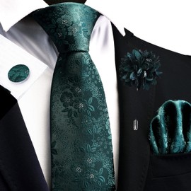 GUSLESON Dark Green Tie for Wedding Mens Silk Hunter Green Floral Necktie Pocket Square Cufflinks and Lapel Pin Brooch Set (6107-34)