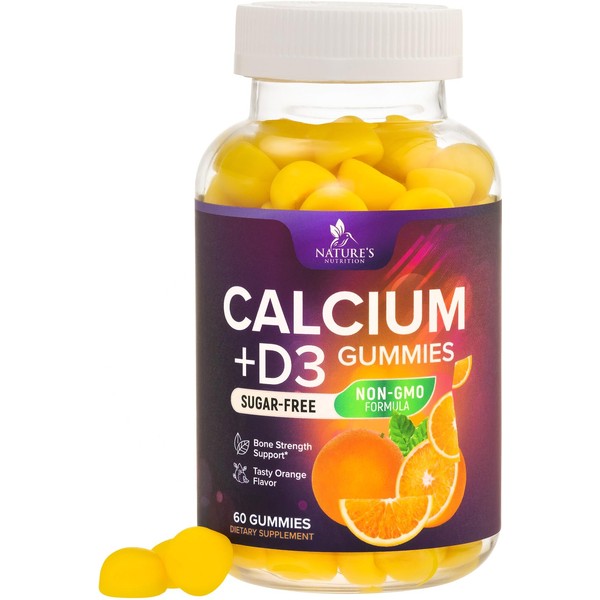 Sugar Free Calcium Gummy Bites Plus 400 IU Vitamin D3, Bone Health & Immune Support, Supports Bone Strength - Chewable Calcium Nutrition Supplement, Non-GMO, Orange Flavor Chews - 60 Gummies
