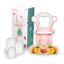 Chupón/Chupete Ergonómico para Frutas, Papillas y Cereales con Seguro y Tapa Protectora Libre de BPA, Unisex de 4m+ (Monkey - Rosa)