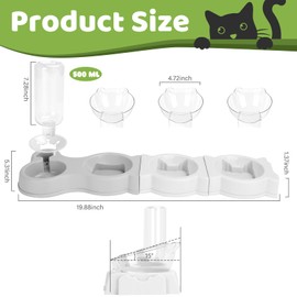 Yummy Sam Raised Four Cat Dishes for Food and Water, 15° Tilted 4 in 1 Small Pet Feeding Bowls Set with Automatic Water Bottle and Triple Food Bowls, Pet Feeder (Grey White)
