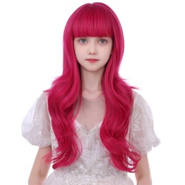 WAVELNM Kids Hot Pink Wig with Bangs Pink Long Wavy Curly Wigs for Child Girls Magenta Wigs Rose Red Wig with Bangs Synthetic Wig with Wig Cap