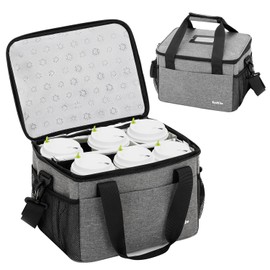 6 Cups Drink Carrier for Delivery, Reusable Cup Holder with Handle, Insulated Collapsible Drink Carrier, Adjustable Dividers, Shoulder Strap, Portable Cooler Tote Bag for Delivery, Travel, Car (Grey)