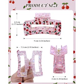 Mesovor 3 Pack Bow Cherry Printed Hair Claw Clips, Non-slip 3.54" Medium Square Hair Grip Clawclips | Acrylic Strong Hold Banana Clips (Cherry: Pink, White, Purple)