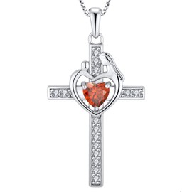 YL Mom Cross Necklace Sterling Silver Mother and Children Pendant Created Garnet Crucifix Jewelry for Women