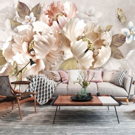 Bormia Floral Wallpaper 3D Peony Butterfly Wall Mural for Living Room Bedroom(Not Peel n' Stick)