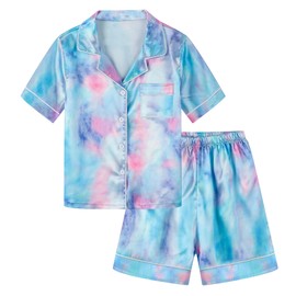 Schbbbta Kids Satin Pajamas Set, Girls Short Sleeve Button Down Sleepwear, Slik Pjs Loungewear Nightwear, D Tie Dye Blue-Pink, 9-10 Years