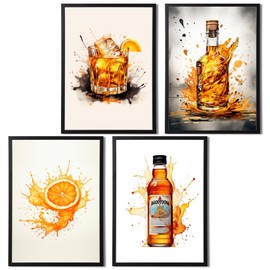 Set of 4 Old Fashioned Watercolor Splash Prints - Featuring Cocktail, Bourbon, Orange and Agootoona Bitters Posters - Available in A3 & A4 Matte Paper - Living Room Wallart (A4 Print Only)