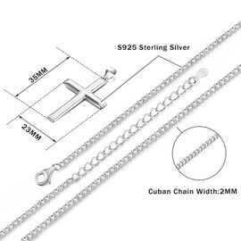 MILACOLATO Solid S925 Sterling Silver Cross Pendant Necklace for Men Women | 2mm Sterling Silver Cuban Link Curb Chain 20 Inches