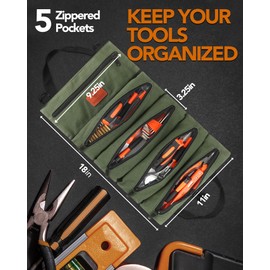 Wessleco Tool Roll Up Pouch - 16oz Canvas Multi-Purpose Wrench Roll Up Bag, Organizer with 5 Zipper Tool Pockets, Hanging Carrier (Green)