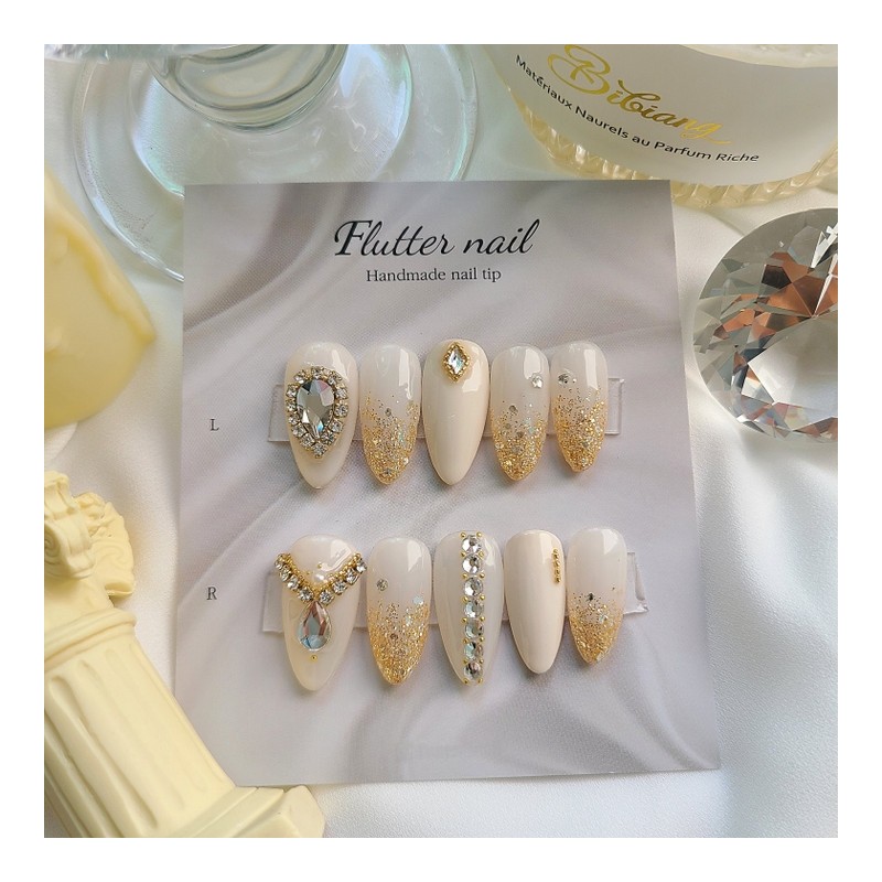 Gold Glitter Gras Handmade Nail Tips✨️ - Almond / 골드