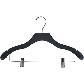 Black Wood Wavy Combo Hanger w/ Adjustable Cushion Clips, Box of 100 Space Saving 17 Inch Flat Wooden Hangers w/ Chrome Swivel Hook & Notches for Shirt Jacket or Dress by The Great American Hanger Company