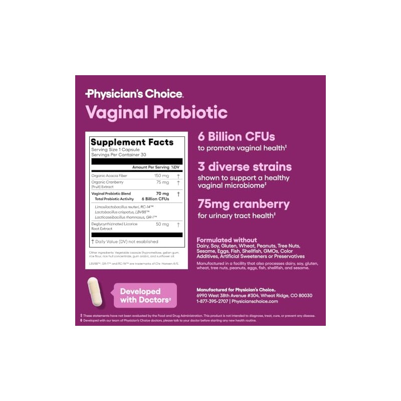 Physician's CHOICE Probióticos vaginales para mujeres: humectación, equilibrio del pH,