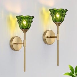 XIYOUVE 2 Pack Gold Wall Sconce with Green Glass Shades, Modern Mid Century Bathroom Vanity Wall Light Fixtures, Industrial Brushed Brass Wall Lamp, for Bedroom Mirror Living Room, ETL Listed